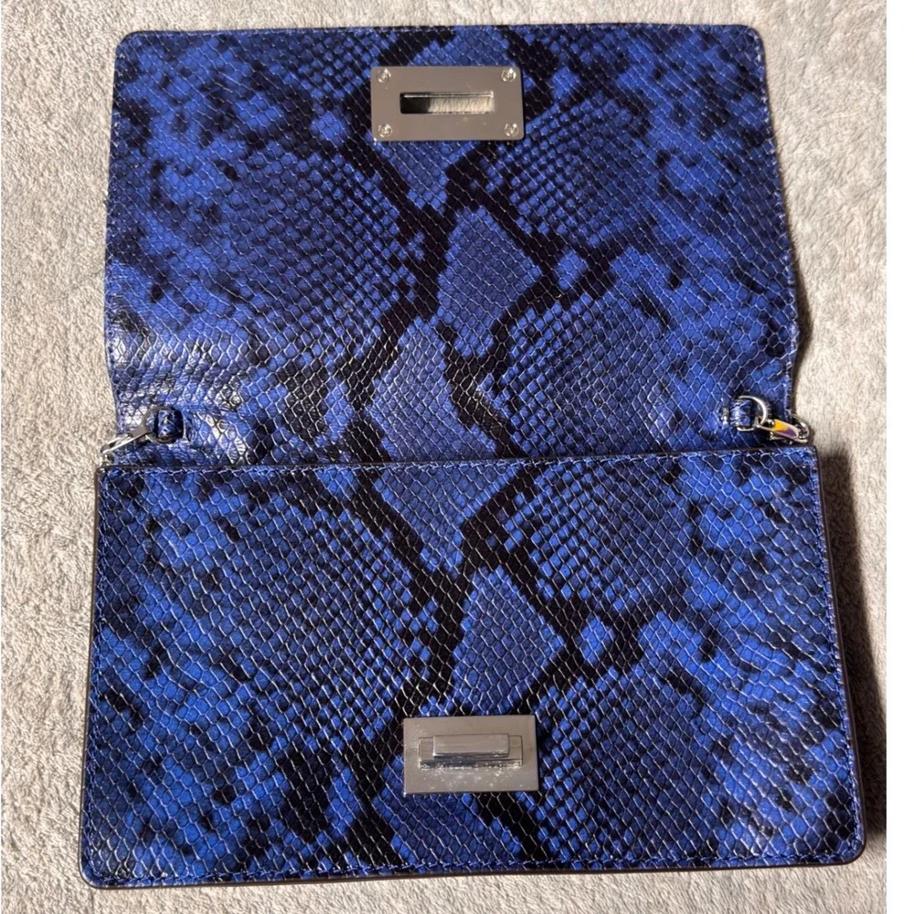 Michael Kors Ellie MD Shoulder Flap Clutch Bag Blue Snake Print Embossed Leather